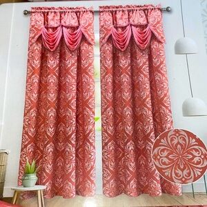 NEW Coral Blush macrame jacquard fabric Panel w attached beaded valence curtain